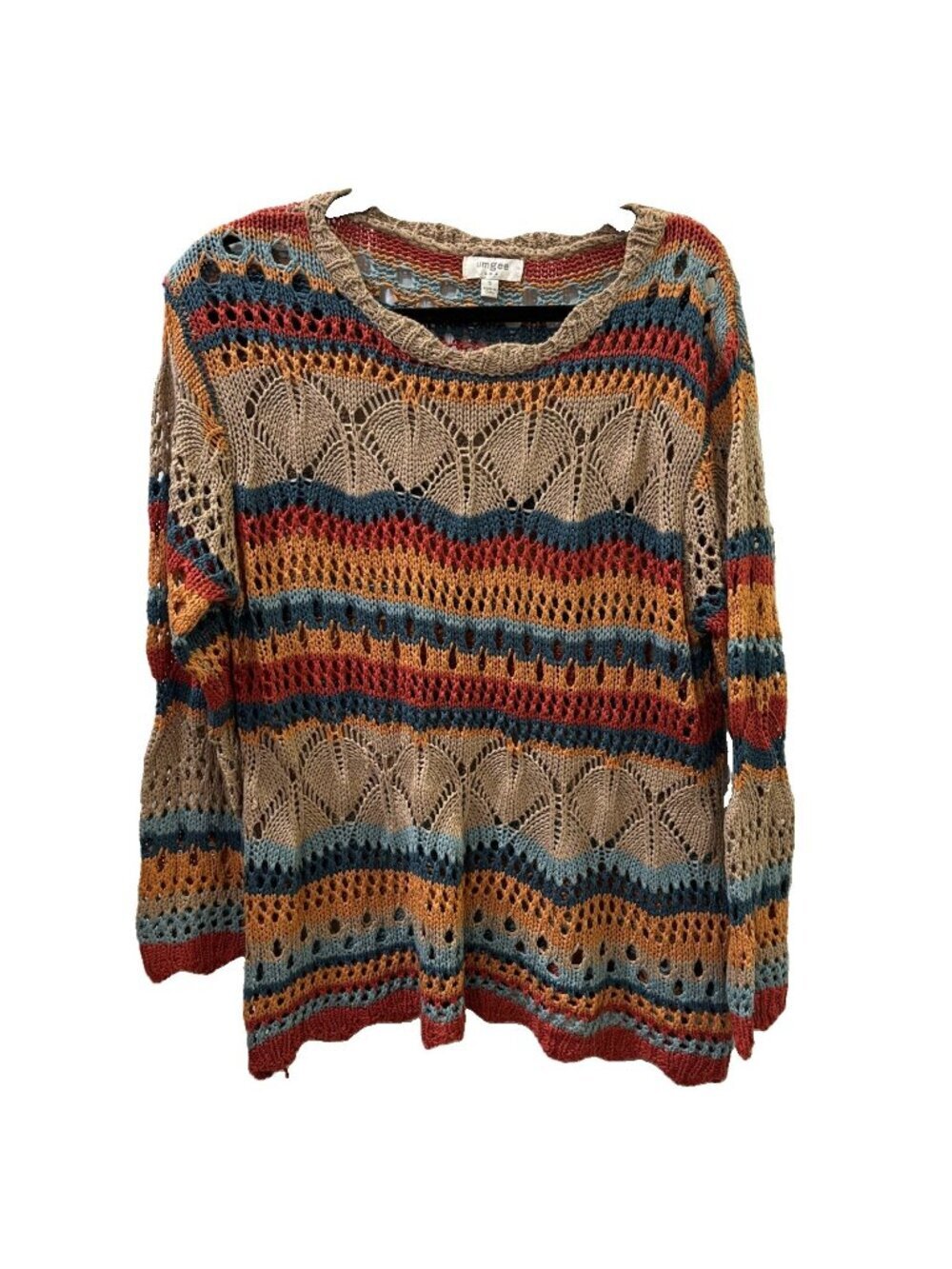 Umgee Open Knit Crochet Striped Sweater Colorfull Boho Festival Layering Size S